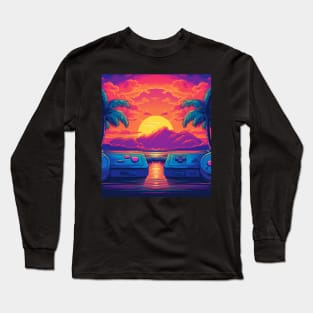 Retro Futuristic Game Controllers Synthwave Sun And Palms Long Sleeve T-Shirt
